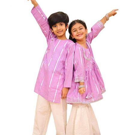 Lurex Cotton Peplum Kurti with Sharara for Girls & Side Button Kurta Pajama for Boys | Traditional Ethnic Wear Set for Kids