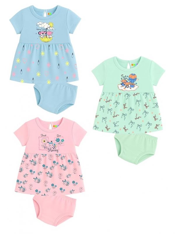 Kuchipoo Baby Girls 100% Cotton Frock and Panty Set - Pack of 3