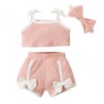 Hopscotch Girls Cotton And Polyester Solid T-shirt and Shorts with Headband in Pink Color