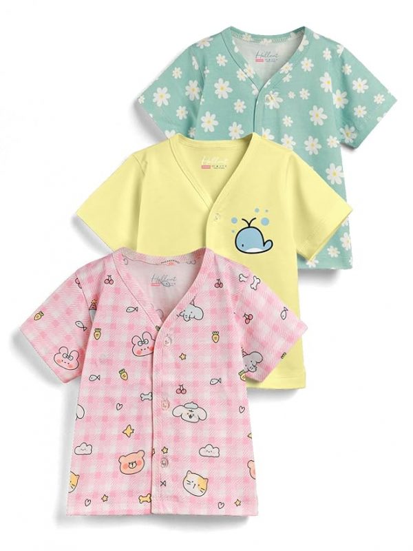 HELLCAT 100% Cotton Front Open Jhabla Vest & T Shirt for Babies - Pack of 3 (Unisex, 0-18 Months, Short Sleeve)