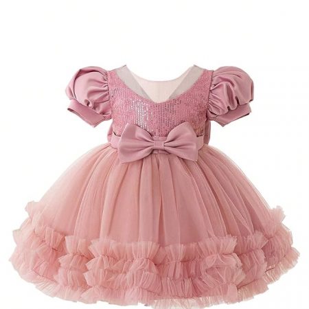 Niren Enterprise Rollar Frock net Embroidery Work Ruffle Patterned Flared Short Sleeve Girl Frock, Pack of 1