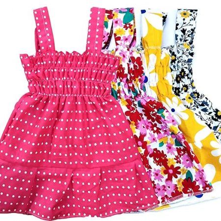 Baby Girl's Fancy Printed Jhabla Knee-Length Frock 100% Cotton (4 pcs Set)