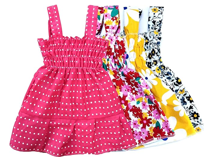 Baby Girl's Fancy Printed Jhabla Knee-Length Frock 100% Cotton (4 pcs Set)