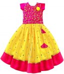 Stanwells Kids Girls Yellow & Pink Combo Lehenga Choli Set | Flared Readymade Dress with Sequins Embroidery | Traditional South Indian Outfit