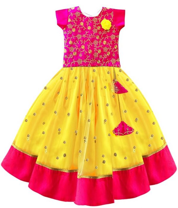Stanwells Kids Girls Yellow & Pink Combo Lehenga Choli Set | Flared Readymade Dress with Sequins Embroidery | Traditional South Indian Outfit