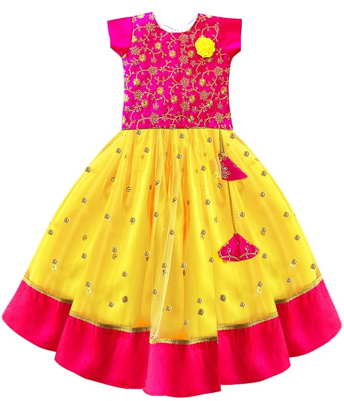 Stanwells Kids Girls Yellow & Pink Combo Lehenga Choli Set | Flared Readymade Dress with Sequins Embroidery | Traditional South Indian Outfit