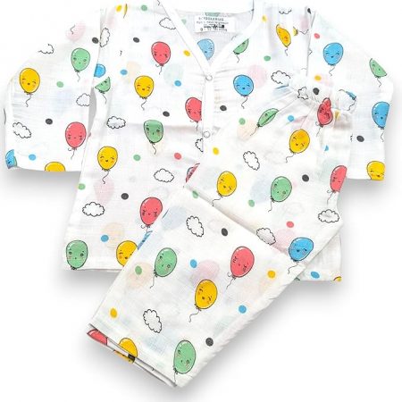 HuggleBug 100% Cotton Muslin Night Suit for Baby Boys & Girls (9-12 Months) | Soft Full Sleeve Shirt & Pajama Set