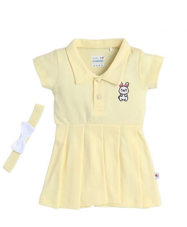 BUMZEE Baby Girls Cotton Half Sleeves Knee Length Frock With Headband