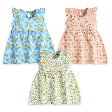 LuvLap Baby Girls Pack Of 3 Half Sleeve Frock 100% Cotton, L (6 to 12 Months)