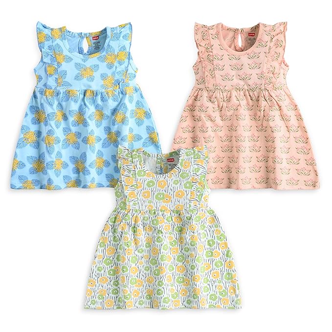 LuvLap Baby Girls Pack Of 3 Half Sleeve Frock 100% Cotton, L (6 to 12 Months)