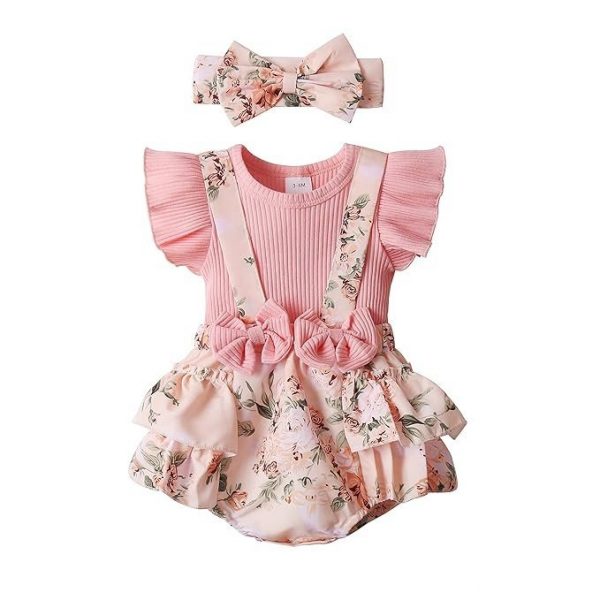Newborn Baby Girl Clothes Infant Romper Floral Suspender Dress Ruffle Sleeve Onesie Outfit Jumpsuit Headband Spring Summer