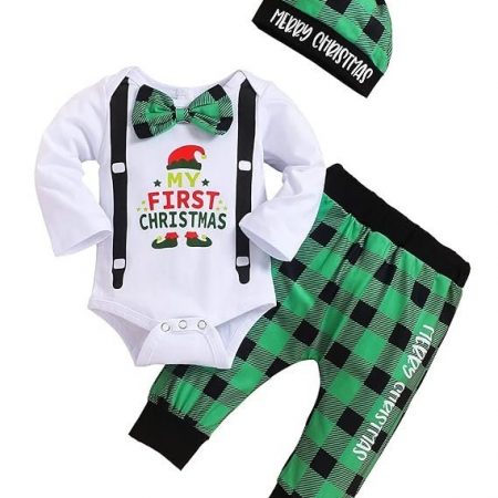 My First Christmas Baby Boy Outfits Long Sleeve Romper Striped Pants with Hat Christmas Infant Clothes Sets