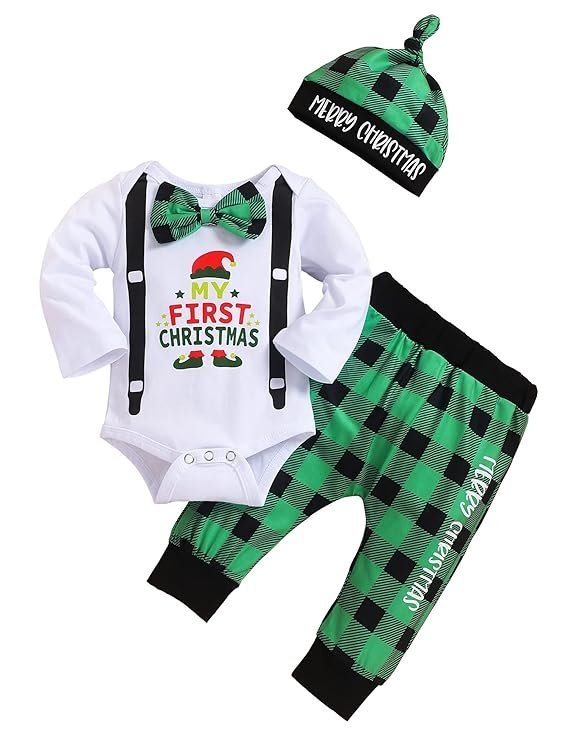 My First Christmas Baby Boy Outfits Long Sleeve Romper Striped Pants with Hat Christmas Infant Clothes Sets