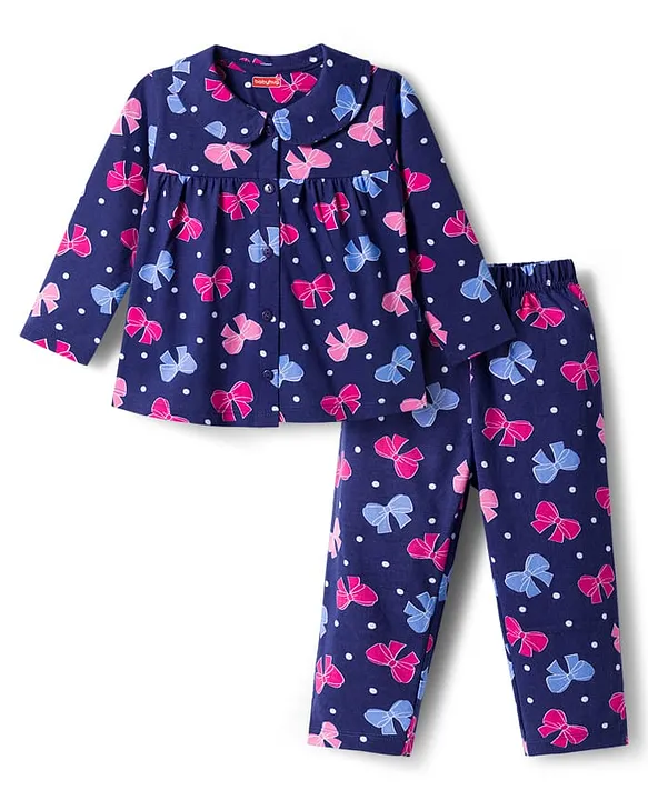 Babyhug Cotton Knit Full Sleeves Co-ords Night Suit With Bow Print - Navy Blue