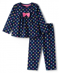 Babyhug Cotton Knit Full Sleeves Co-ord Night Suit With Polka Dot Print & Bow Applique - Navy Blue