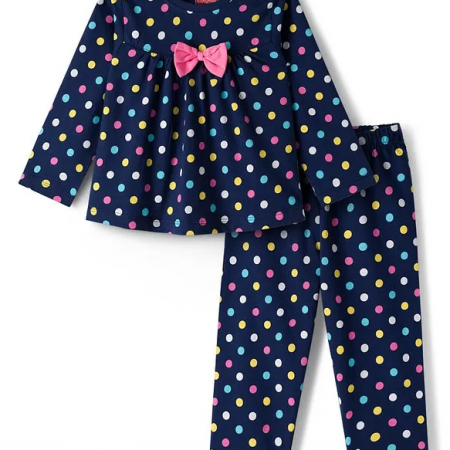 Babyhug Cotton Knit Full Sleeves Co-ord Night Suit With Polka Dot Print & Bow Applique - Navy Blue