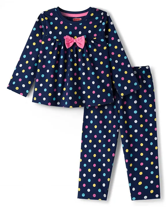 Babyhug Cotton Knit Full Sleeves Co-ord Night Suit With Polka Dot Print & Bow Applique - Navy Blue