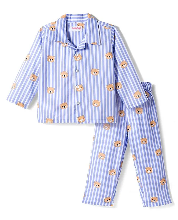 Babyhug Cotton Woven Full Sleeves Co-ords Night Suit With Animal Print - Blue