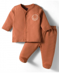 Simply Interlock Knit Full Sleeves Footed Night Suit With Smiley Print - Bronze