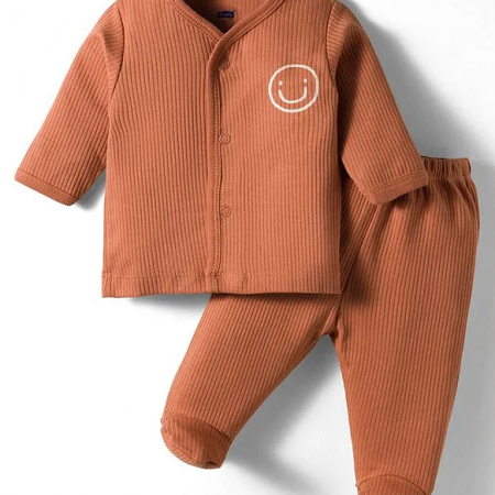 Simply Interlock Knit Full Sleeves Footed Night Suit With Smiley Print - Bronze