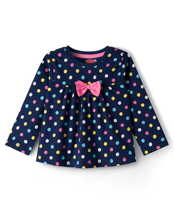 Babyhug Cotton Knit Full Sleeves Co-ord Night Suit With Polka Dot Print & Bow Applique - Navy Blue