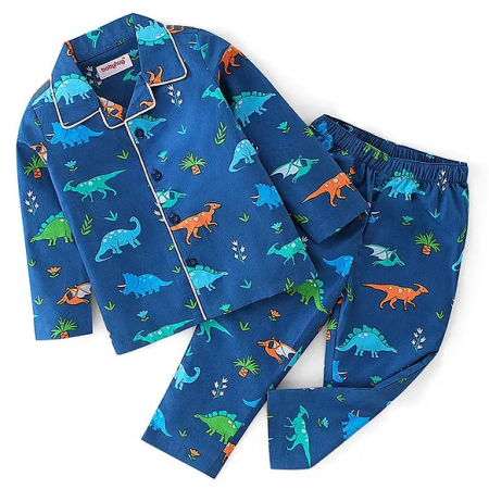 Babyhug Cotton Woven Full Sleeves Night Suit With Dino Print - Blue
