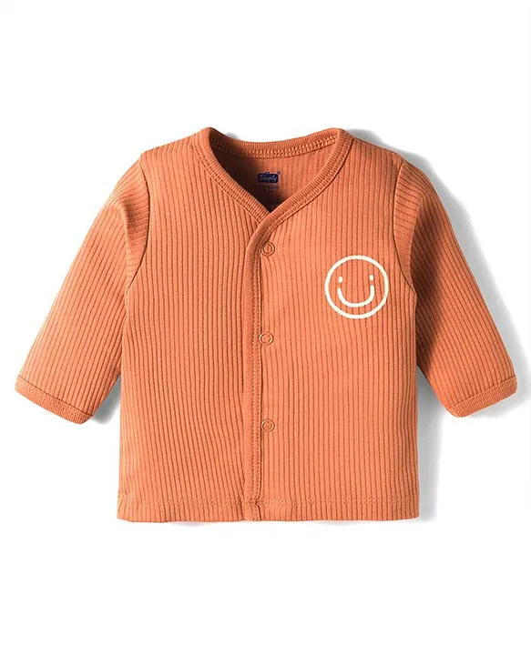 Simply Interlock Knit Full Sleeves Footed Night Suit With Smiley Print - Bronze