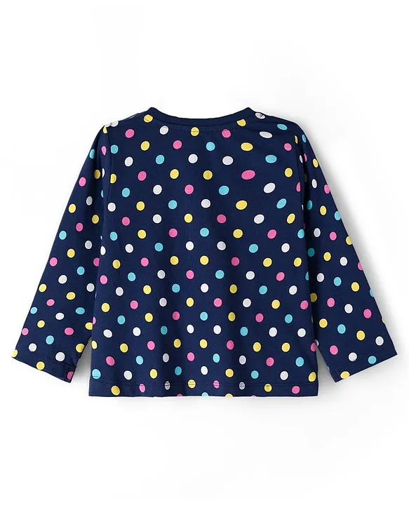Babyhug Cotton Knit Full Sleeves Co-ord Night Suit With Polka Dot Print & Bow Applique - Navy Blue