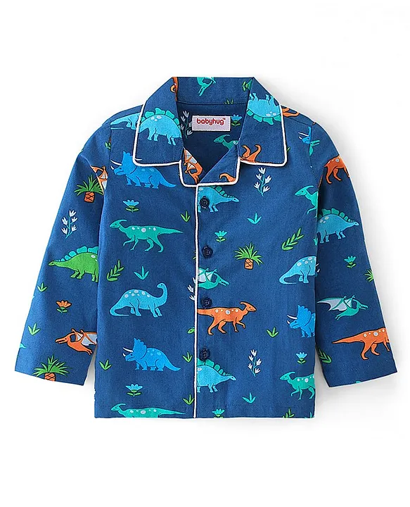 Babyhug Cotton Woven Full Sleeves Night Suit With Dino Print - Blue