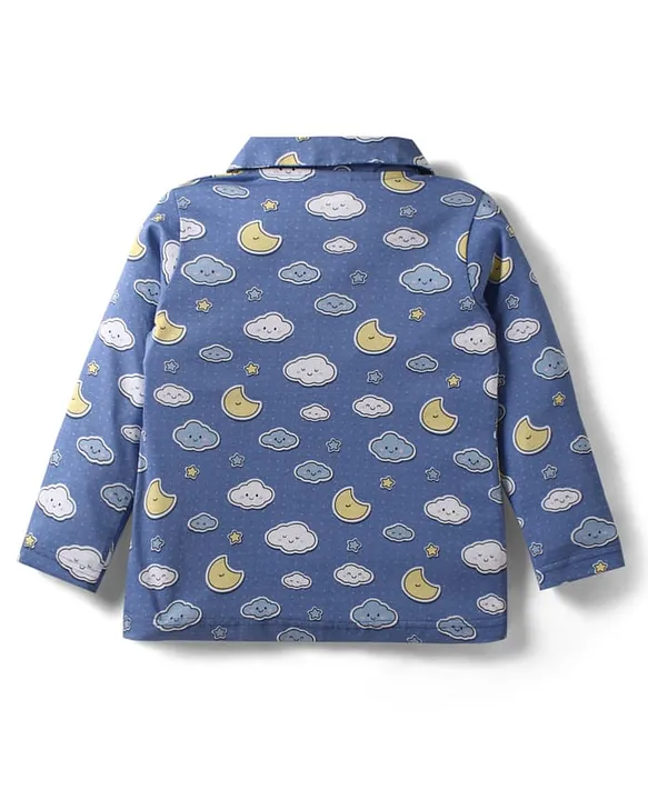 Teddy Sinker Knit Full Sleeves Co-ords Night Suit With Cloud Print - Blue