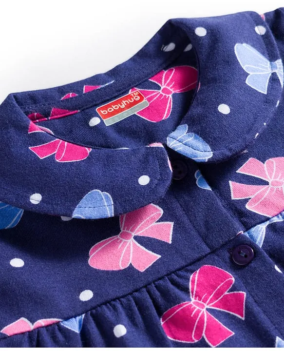 Babyhug Cotton Knit Full Sleeves Co-ords Night Suit With Bow Print - Navy Blue