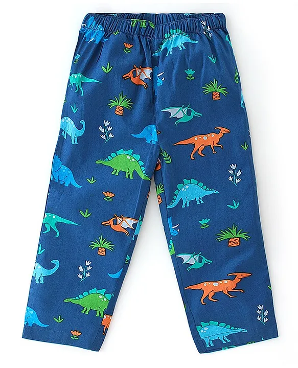 Babyhug Cotton Woven Full Sleeves Night Suit With Dino Print - Blue