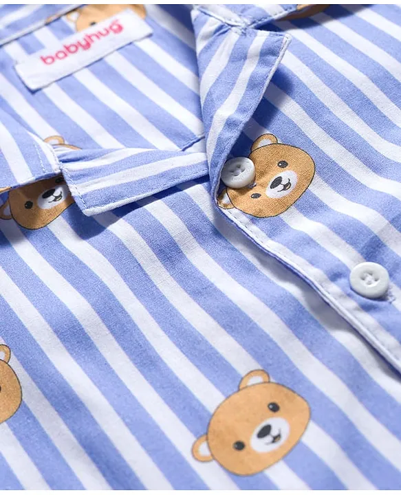 Babyhug Cotton Woven Full Sleeves Co-ords Night Suit With Animal Print - Blue