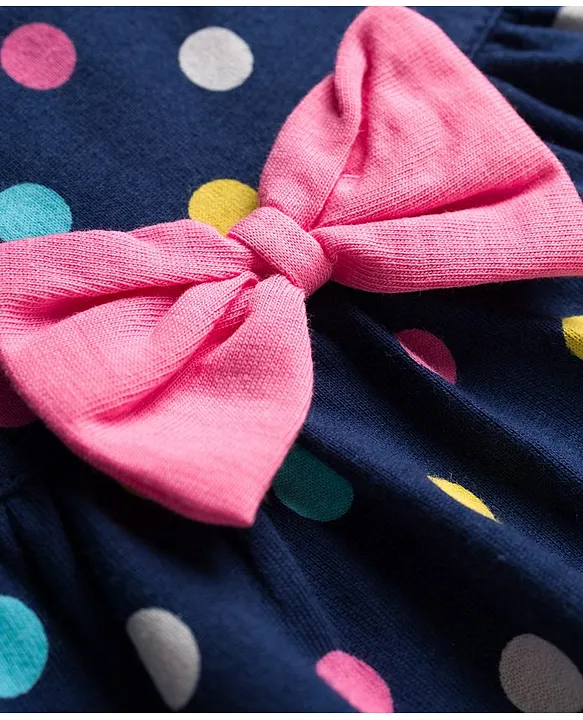 Babyhug Cotton Knit Full Sleeves Co-ord Night Suit With Polka Dot Print & Bow Applique - Navy Blue