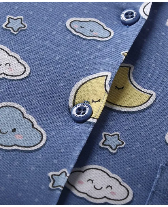 Teddy Sinker Knit Full Sleeves Co-ords Night Suit With Cloud Print - Blue