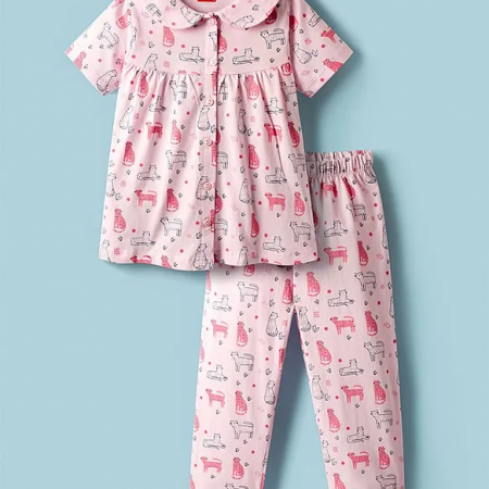 Babyhug Cotton Knit Half Sleeves Co-ords Night Suit With Animal Print - Pink