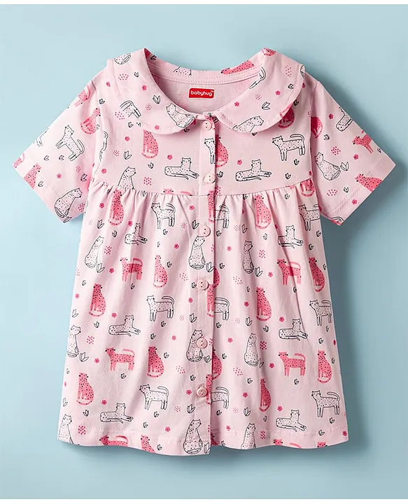 Babyhug Cotton Knit Half Sleeves Co-ords Night Suit With Animal Print - Pink