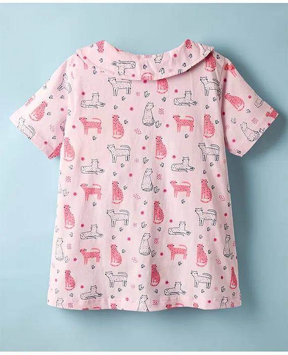 Babyhug Cotton Knit Half Sleeves Co-ords Night Suit With Animal Print - Pink