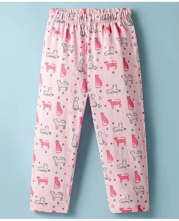 Babyhug Cotton Knit Half Sleeves Co-ords Night Suit With Animal Print - Pink