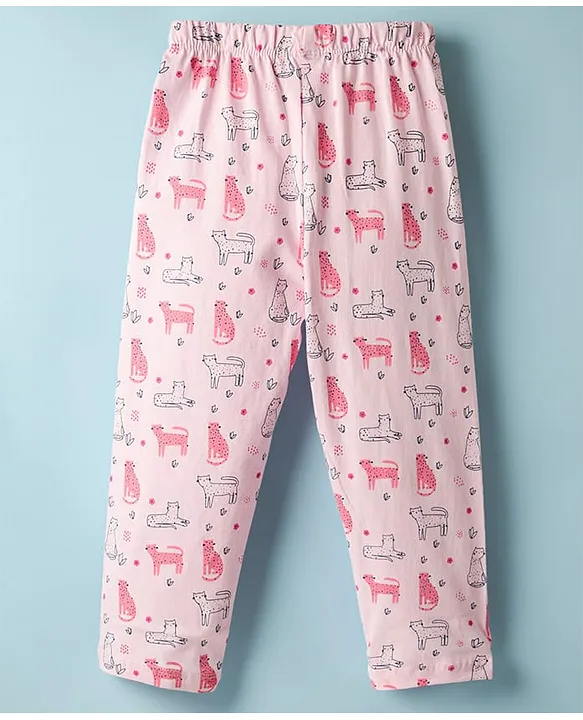 Babyhug Cotton Knit Half Sleeves Co-ords Night Suit With Animal Print - Pink