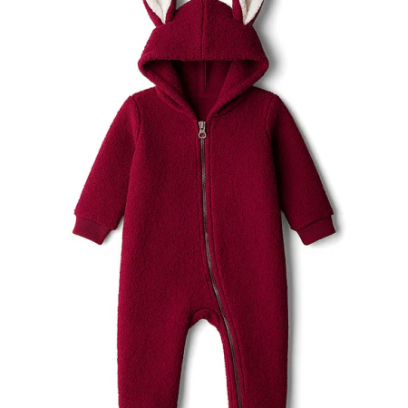 Kanvin Knit Full Sleeves Fur Winter Wear Romper With Ear Applique - Maroon