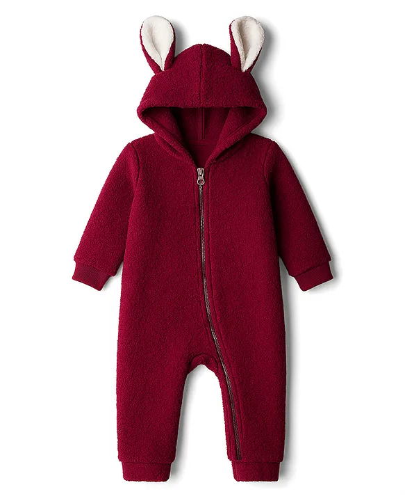 Kanvin Knit Full Sleeves Fur Winter Wear Romper With Ear Applique - Maroon