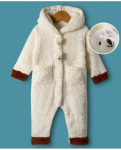 Mark & Mia Knit Full Sleeves Winter Wear Fur Hooded Romper With Pocket & Badge Detailing & Teddy Applique - Off White