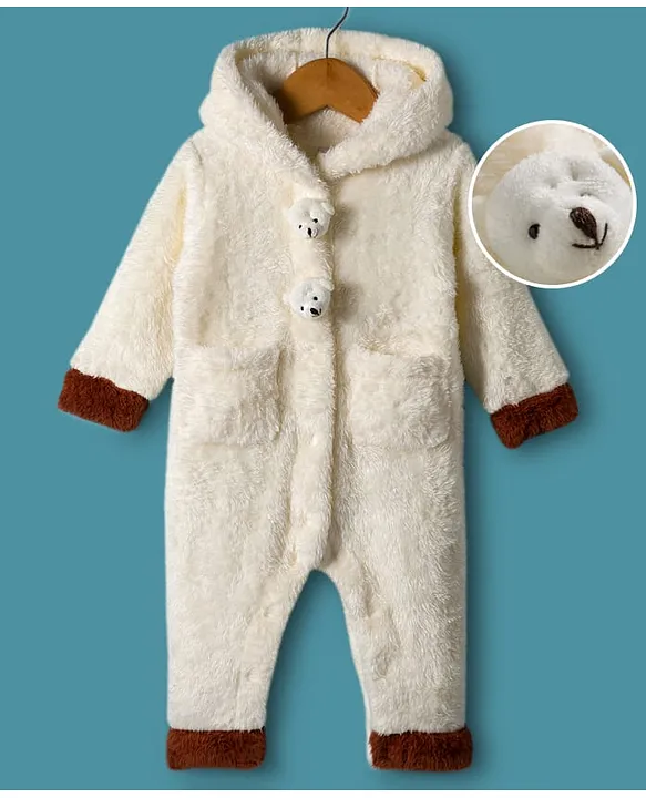 Mark & Mia Knit Full Sleeves Winter Wear Fur Hooded Romper With Pocket & Badge Detailing & Teddy Applique - Off White