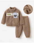 Mark & Mia Full Sleeves Winter Wear Fur Sweatjacket & Lounge Pant Set with Shark Patch Detailing - Light Brown