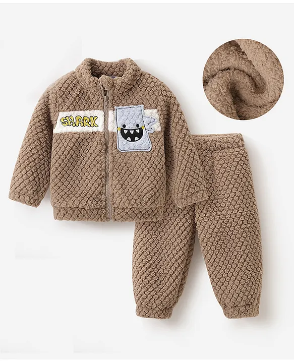 Mark & Mia Full Sleeves Winter Wear Fur Sweatjacket & Lounge Pant Set with Shark Patch Detailing - Light Brown