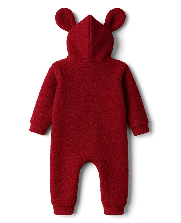 Kanvin Knit Full Sleeves Fur Winter Wear Romper With Ear Applique - Maroon