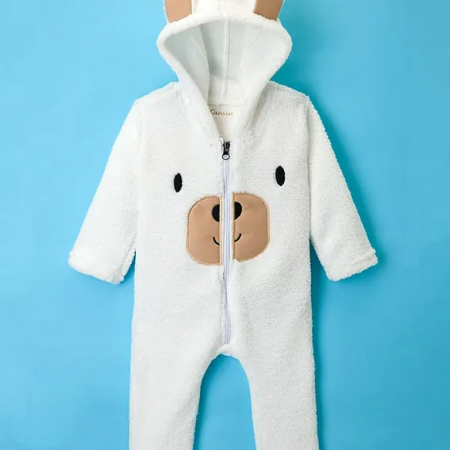 Kanvin Knit Full Sleeves WInter Wear Romper With Ear & Face Applique - White