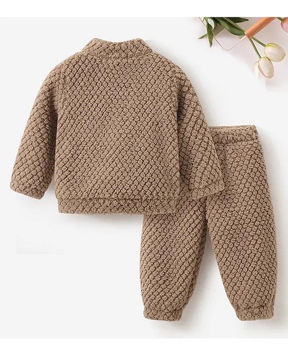 Mark & Mia Full Sleeves Winter Wear Fur Sweatjacket & Lounge Pant Set with Shark Patch Detailing - Light Brown