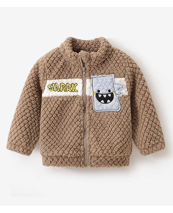 Mark & Mia Full Sleeves Winter Wear Fur Sweatjacket & Lounge Pant Set with Shark Patch Detailing - Light Brown